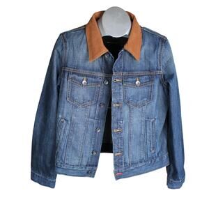 Haala Denim Jacket Western Chore Womens XL Blue Jean Suede Collar Designer TAGS